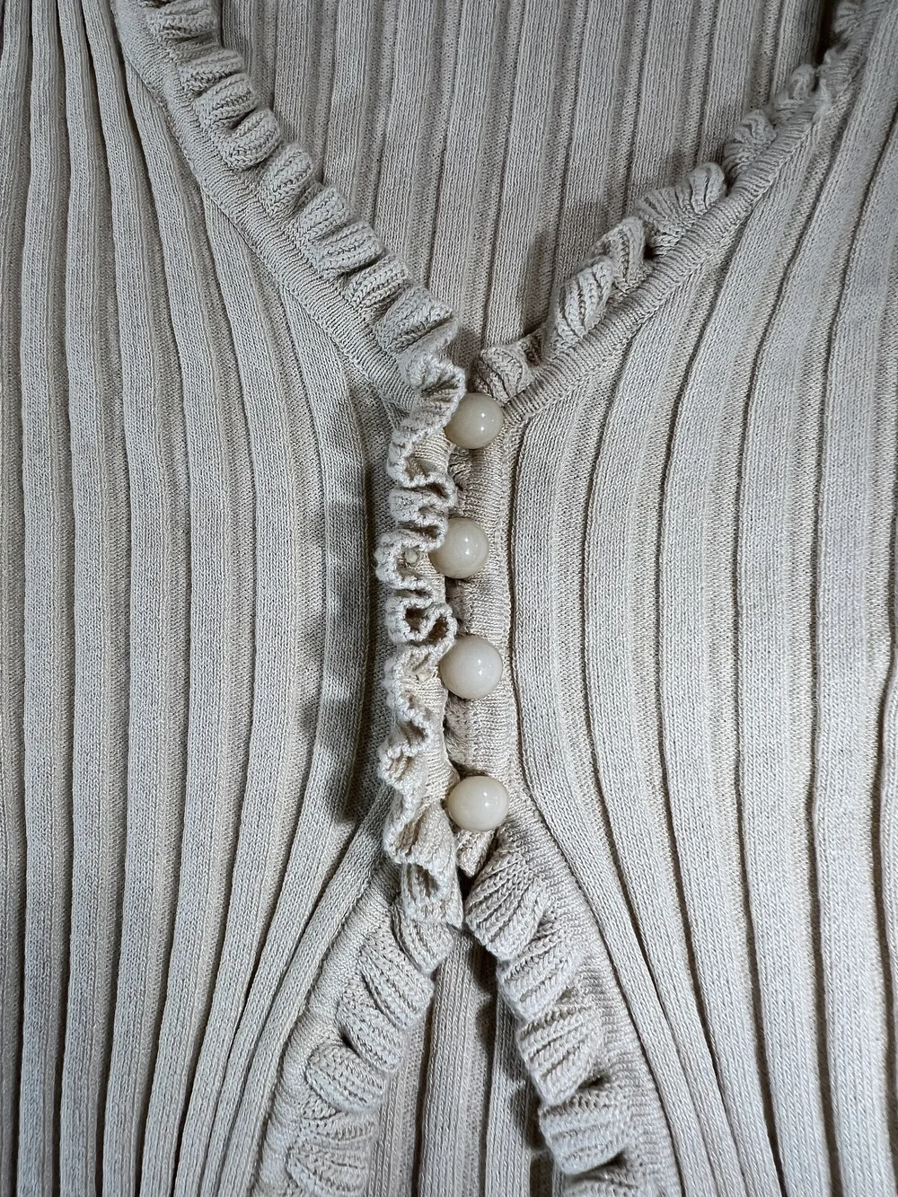 Ribbed Ruffle-Trim Beige Blouse - Picture 5 of 6